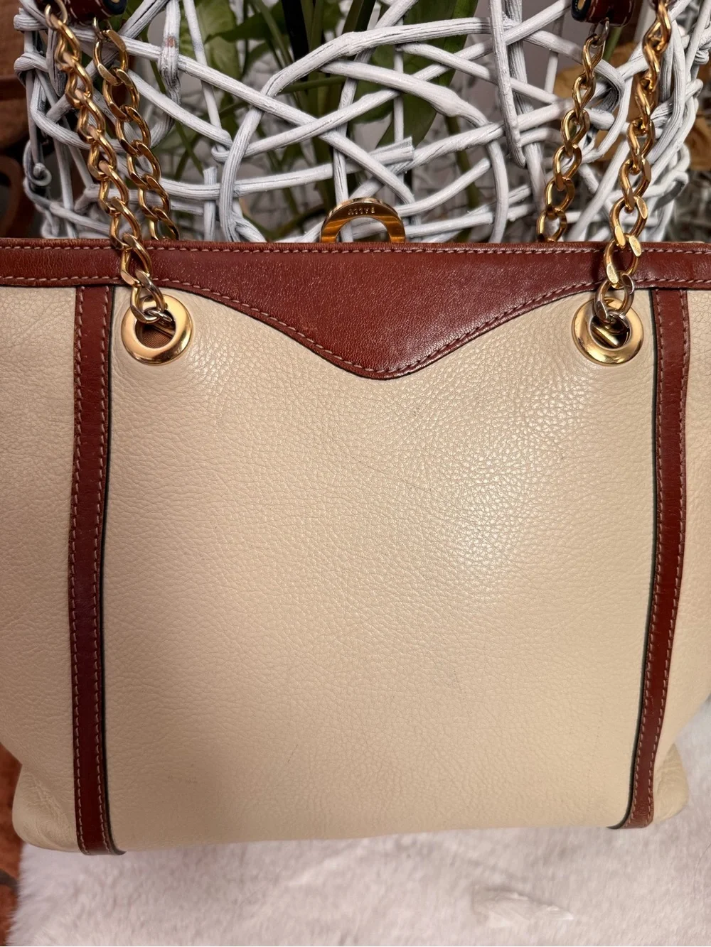 Bally vintage Brown Woven Leather Shoulder Bag with Cream Sides